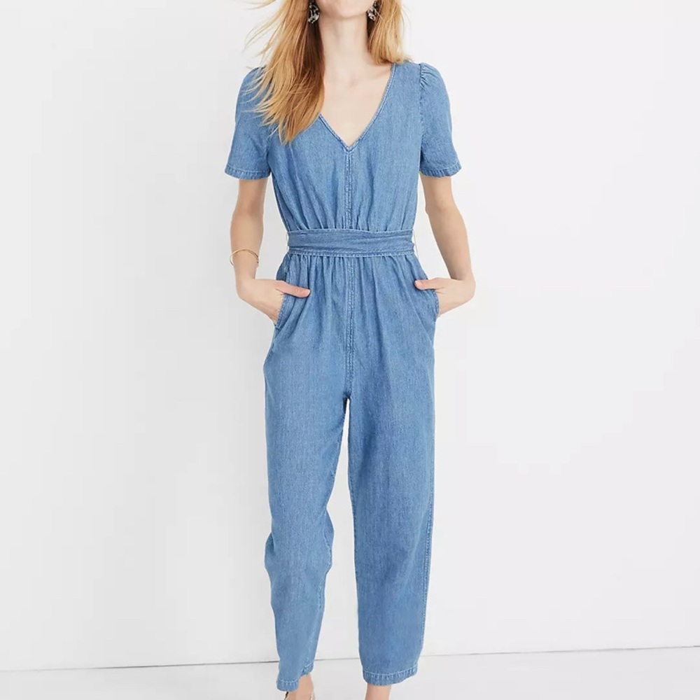 Madewell Denim Puff-Sleeve Tapered Jumpsuit